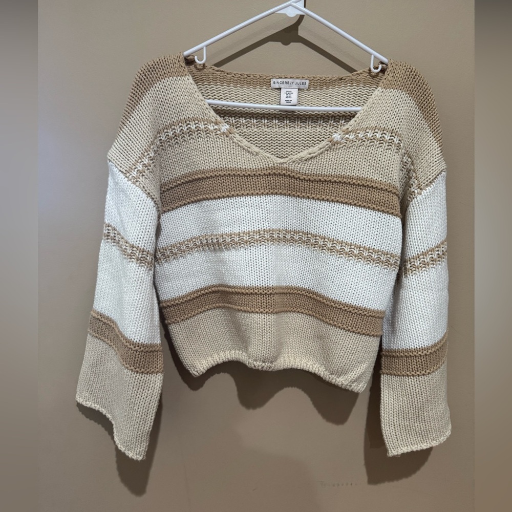 Sincerely Jules, Tan and White Striped V-Neck Sweater